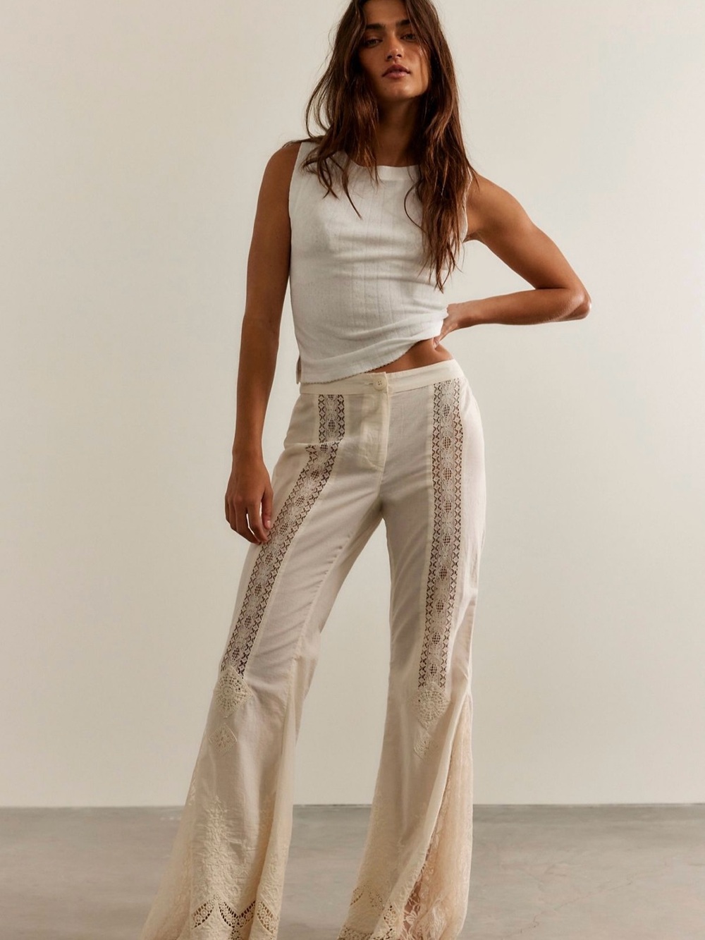 Free People Cream Wide-Leg Lace-Inset Pants